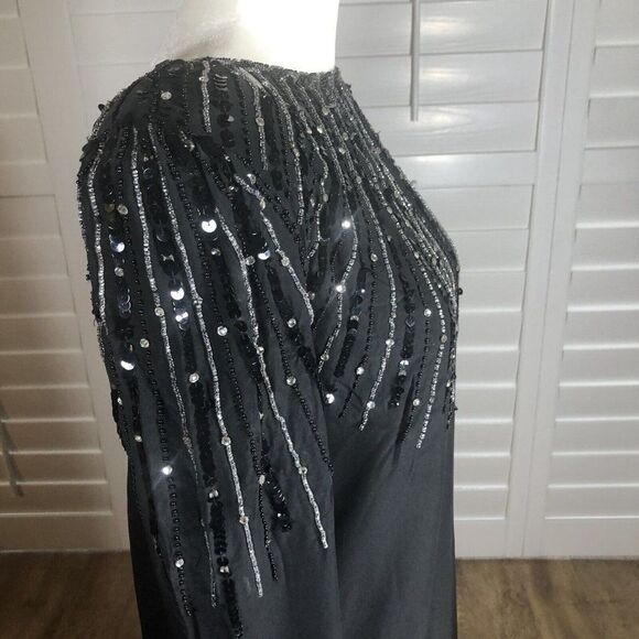Vtg 80s Oleg Cassini Black Silk Beaded Cocktail Dress 8 Modest Holiday - Picture 9 of 12